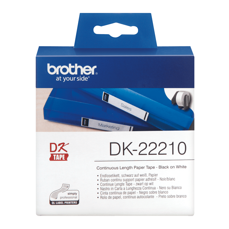 Brother DK22210: оригинальная кассета с непрерывной бумажной лентой для печати наклеек черным на белом фоне, ширина: 29 мм.